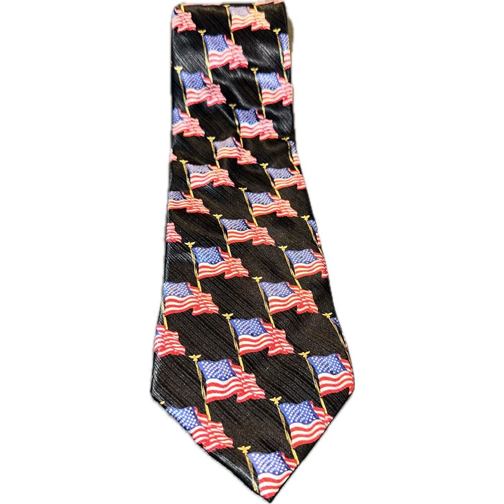 American Traditions Men's Necktie Tie Silk‎ Satin American Flags Wavy